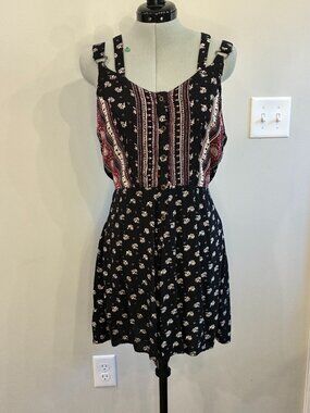 Angie Boho Romper Black Burgundy Cream Floral Button Front Overall Dress 0388